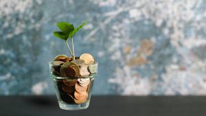 Glass on money with plant growing out of it